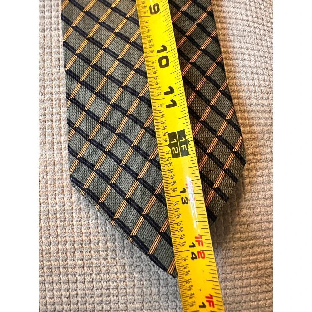 Nautica Mens Silk Tie Green Navy Gold Geometric Grid Pattern Professional Office